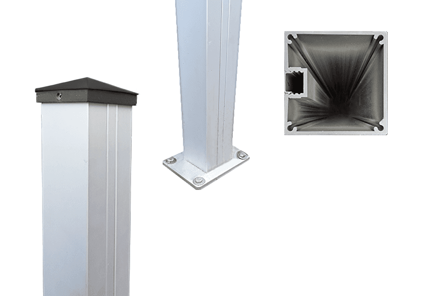 Poteau en aluminium renforcé pour le montage de portails et de portes de jardin, épaisseur du matériau 3,5 mm, 100 x 100 mm, longueur 2,00 m, y compris support de poteau, capuchon de poteau, baguette de recouvrement et butoir - en argent anodisé